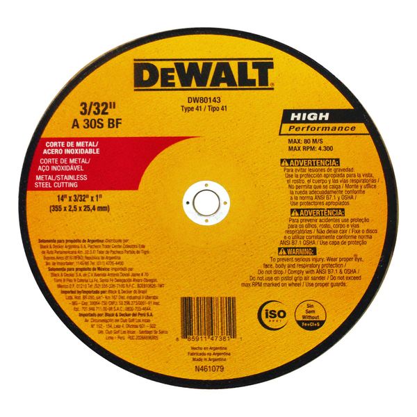 Disco de corte Metal DW80143  /Inox 14"X2,5mmX1"